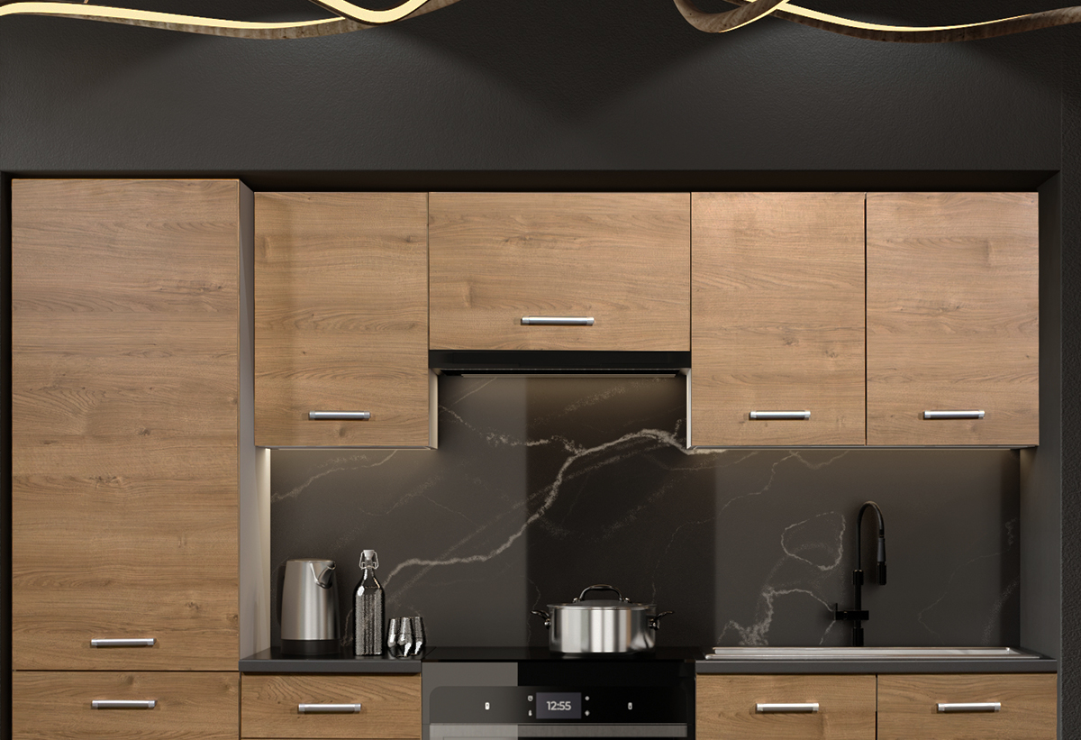 Απεικονίζονται τα κρεμαστά ντουλάπια της έτοιμης κουζίνας.